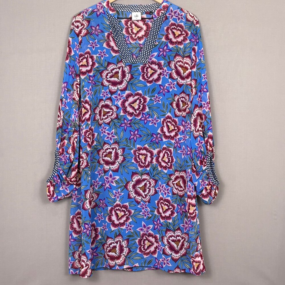 Cabi Blue Floral Tunic Dress Med. Boho V-Neck Long Sleeve Lined Shift Style 5612